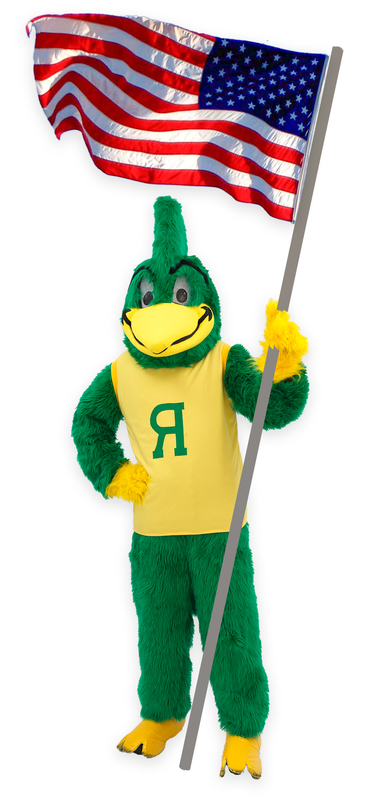 Roadrunner mascot holding university pennants